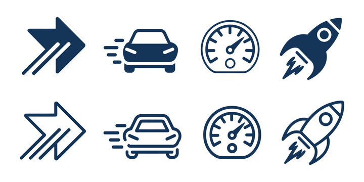 Speed icon set, rocket, arrow, car and speedometer gauge symbols, monochrome vector illustration