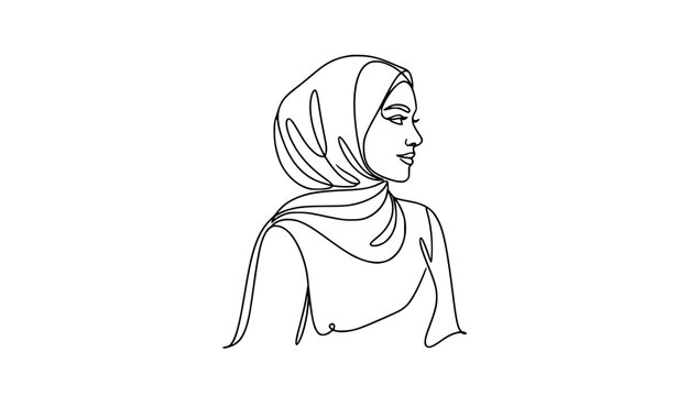 Elegant hijab woman one line art vector illustration for modest fashion and beauty branding