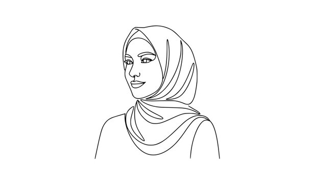 Modern hijab woman portrait continuous one line vector illustration for fashion and culture design