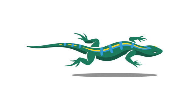Colorful green lizard with bright yellow and blue stripes crawling isolated on a white background with a shadow.