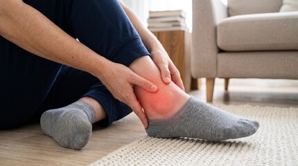 Fototapeta premium A person sitting on the floor holds their swollen ankle with both hands while wearing grey socks in a clear close up shot showing physical inflammation and localized red pain.