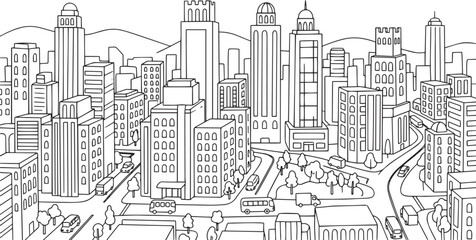 Obraz premium City landscape. Line urban backdrop, different buildings on street, doodle street draw, outline cityscape hand sketch, flat houses. Hand drawn vector illustration