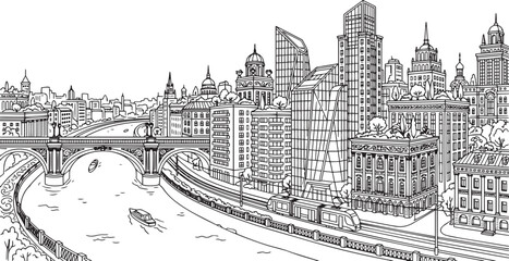 Fototapeta premium City landscape. Line urban backdrop, different buildings on street, doodle street draw, outline cityscape hand sketch, flat houses. Hand drawn vector illustration