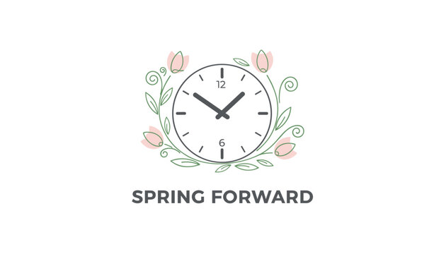 Spring forward daylight saving time concept featuring a clock surrounded by elegant pink floral branches.