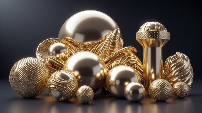Luxury gold 3D geometric shapes, elegant metallic spheres and textured golden elements, premium abstract composition for high-end branding