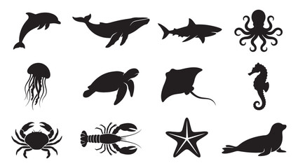 Beautiful marine life silhouette vector collection showcasing the diversity of deep ocean wildlife. © Art Corner