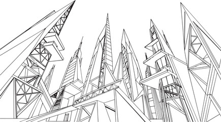 Fototapeta premium City landscape. Line urban backdrop, different buildings on street, doodle street draw, outline cityscape hand sketch, flat houses. Hand drawn vector illustration