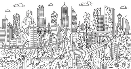 Fototapeta premium City landscape. Line urban backdrop, different buildings on street, doodle street draw, outline cityscape hand sketch, flat houses. Hand drawn vector illustration