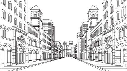Fototapeta premium City landscape. Line urban backdrop, different buildings on street, doodle street draw, outline cityscape hand sketch, flat houses. Hand drawn vector illustration