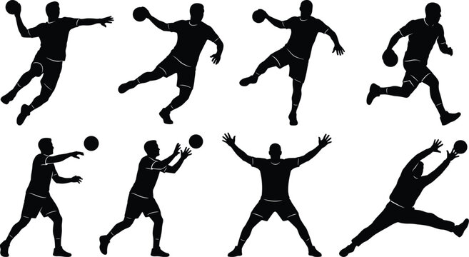 Collection of dynamic handball player silhouettes in action poses including throwing, jumping, catching, and blocking, perfect vector artwork for sports design