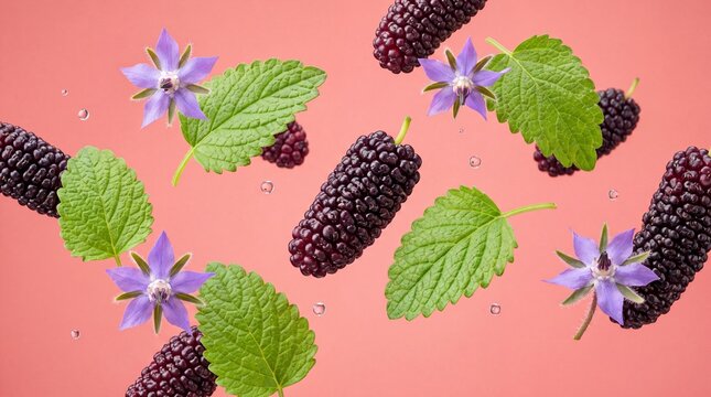 Flying mulberries borage flowers and mint on pink background