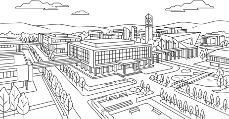 Obraz premium City landscape. Line urban backdrop, different buildings on street, doodle street draw, outline cityscape hand sketch, flat houses. Hand drawn vector illustration