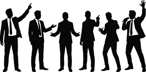 Professional business silhouettes of men in suits with expressive gestures, presenting, pointing, and communicating body language for corporate vector design © MstMostarina