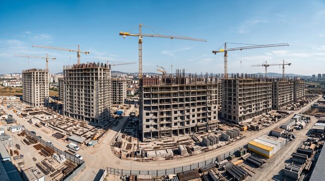 Construction site panorama featuring multiple towering cranes and unfinished concrete residential apartment buildings under a clear blue sky during the day, showing industrial urban development progre