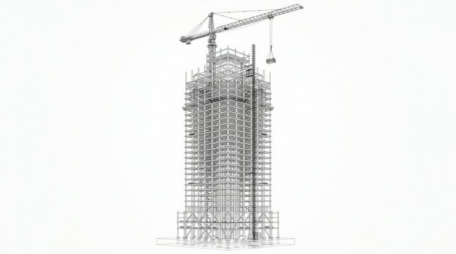 Construction site skyscraper wireframe model showing a tall building under development with a large crane lifting materials against a clean white background featuring a detailed structural engineering