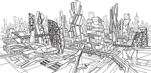 Fototapeta premium City landscape. Line urban backdrop, different buildings on street, doodle street draw, outline cityscape hand sketch, flat houses. Hand drawn vector illustration