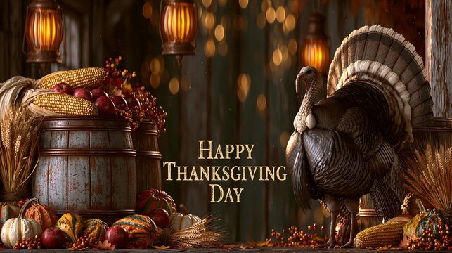 Happy Thanksgiving Day banner with turkey and corn barrels on rustic background