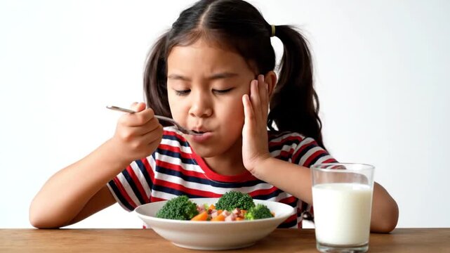 Unhappy Young Girl Eating Healthy Broccoli and Vegetables at Dining Table Picky Eater Nutrition Concept.
