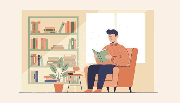 Man in a cozy orange sweater sitting in an armchair and reading a book in his personal home library with book shelves.