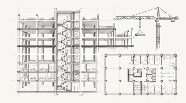 Architectural building blueprint showing a detailed cross section of a multi story construction project with office floor plans and a tall crane lifting heavy steel beams on a white grid background re