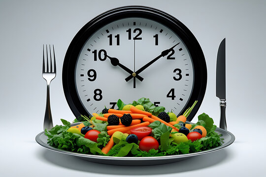 Healthy eating and time management concept with fresh salad and clock.