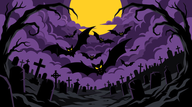 Spooky Halloween graveyard with bats, full moon, and purple clouds