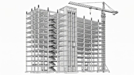 Fototapeta premium Construction site building framework featuring a tall metal skyscraper structure under development with a large industrial crane standing beside the skeleton of the edifice isolated on a plain white b