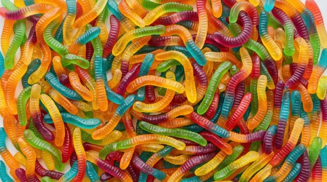 Colorful Assortment of Gummy Worm Candy Closeup.