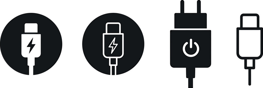 Electronic charger and power connection icon vector set featuring type c USB cables, lightning symbols, and wall plug button elements.