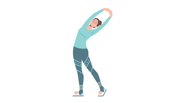 Fit young woman stretching her arms and back while wearing inline skates, isolated on a clean white background.