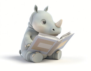Cute Cartoon Baby Rhinoceros Sitting and Diligently Reading an Open Book © eidel