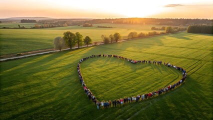Obraz premium Diverse group forming a heart shape in a field. Aerial view of people standing in unity.