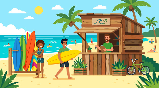 People renting surfboards at a wooden beach shack on a sunny tropical island.