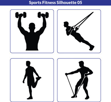 Fitness silhouettes depicting weightlifting stretching and resistance training on a white background
