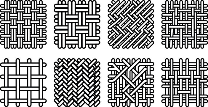 Abstract geometric seamless pattern swatches featuring thick black line textures, basket weave grids, chevrons, and organic mesh ripples on white background.