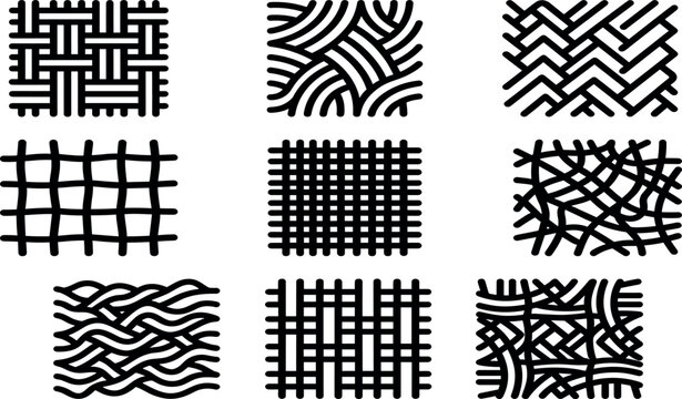 Abstract geometric seamless pattern swatches featuring thick black line textures, basket weave grids, chevrons, and organic mesh ripples on white background.