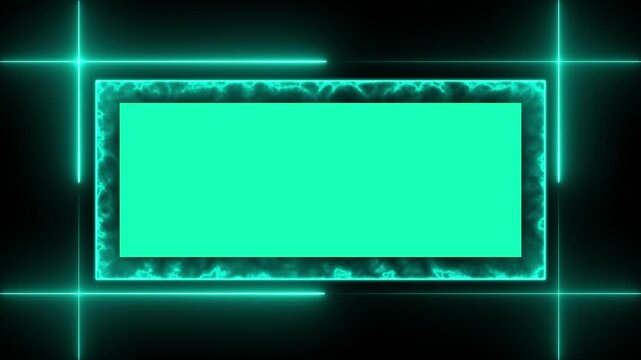 Neon cyan glowing rectangular frame with electric energy border and motion lines rectangle