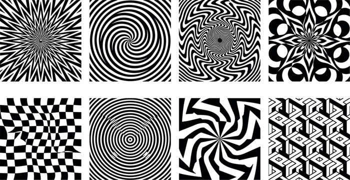 Abstract op art seamless pattern vector set featuring black and white optical illusions, psychedelic spirals, wavy checkerboards, and hypnotic geometric textures.