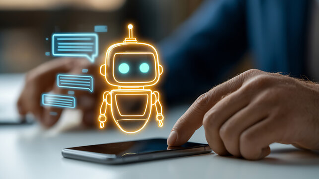 Artificial intelligence chatbot hologram on smartphone, futuristic AI assistant interface, digital customer service bot with glowing chat bubbles