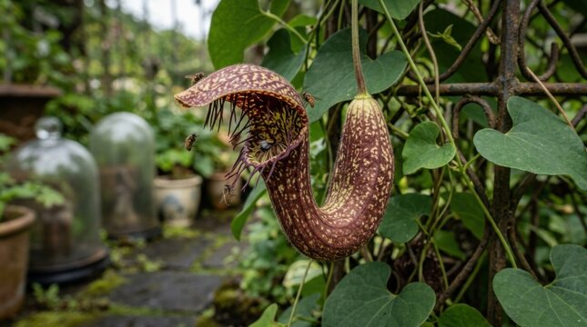 Aesthetic close up perspective of rare pipevine jug flower hanging from lush green tropical climbing foliage rows