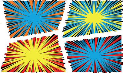 Comic book pop art speed lines background vector set with retro superhero explosion rays, halftone zoom effects, and dynamic starburst action panels. © AFSANA AKTER