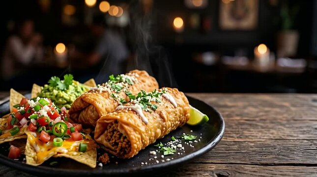 Baked enchiladas with nachos and salsa on a wooden table