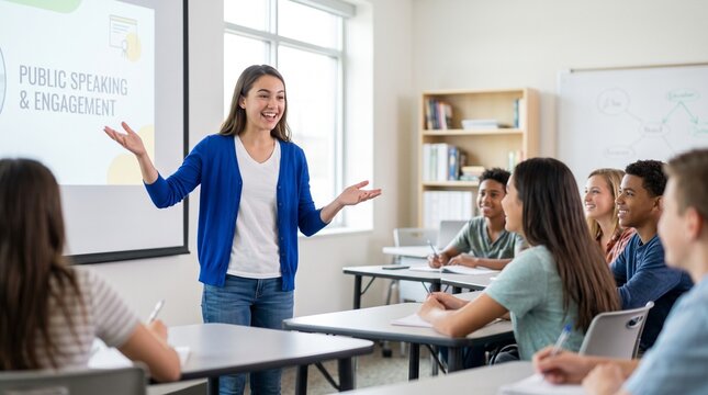 High school student presenting in classroom for public speaking and communication skills training