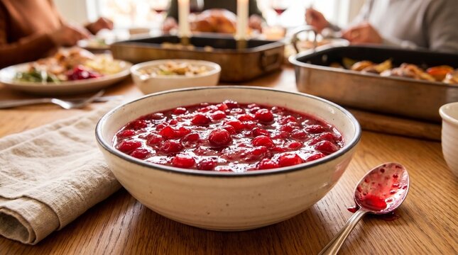 Cranberry sauce in a bowl on a Thanksgiving dinner table with family in the background for holiday food marketing
