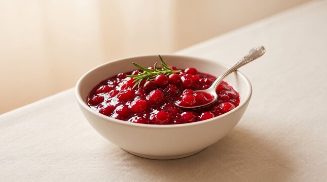 Homemade cranberry sauce in a white bowl with spoon and rosemary for Thanksgiving holiday dinner