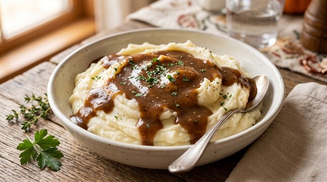 Creamy mashed potatoes with gravy in a bowl on a rustic wooden table for Thanksgiving holiday dinner