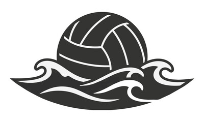 Fototapeta premium Minimalist graphic of a vintage leather volleyball resting in stylized ocean waves with simple geometry and clean lines on a white background coastal sport concept