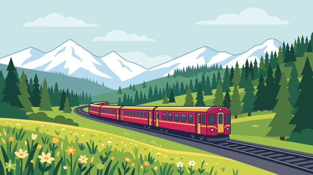 Red and yellow passenger train traveling on railway tracks through a lush green mountain valley with pine trees and flower fields, illustrating sustainable tourism and scenic travel