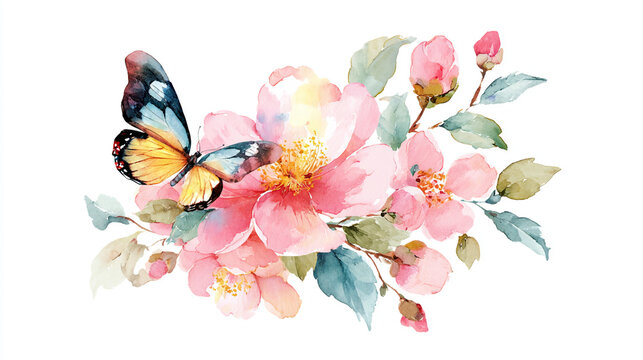 watercolor botanical butterfly and flowers texture template background. Design for wedding, vip cover, poster, rsvp moderncard.Valentine's Day