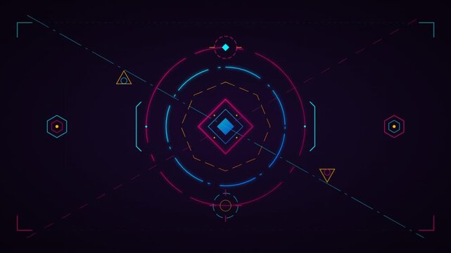 Futuristic digital interface with abstract geometric shapes and glowing neon lines.